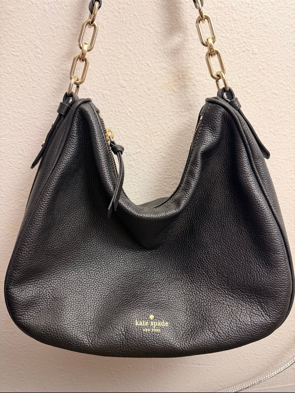 kate spade Black Pebbled Leather Shoulder Hobo with Gold Chain Strap